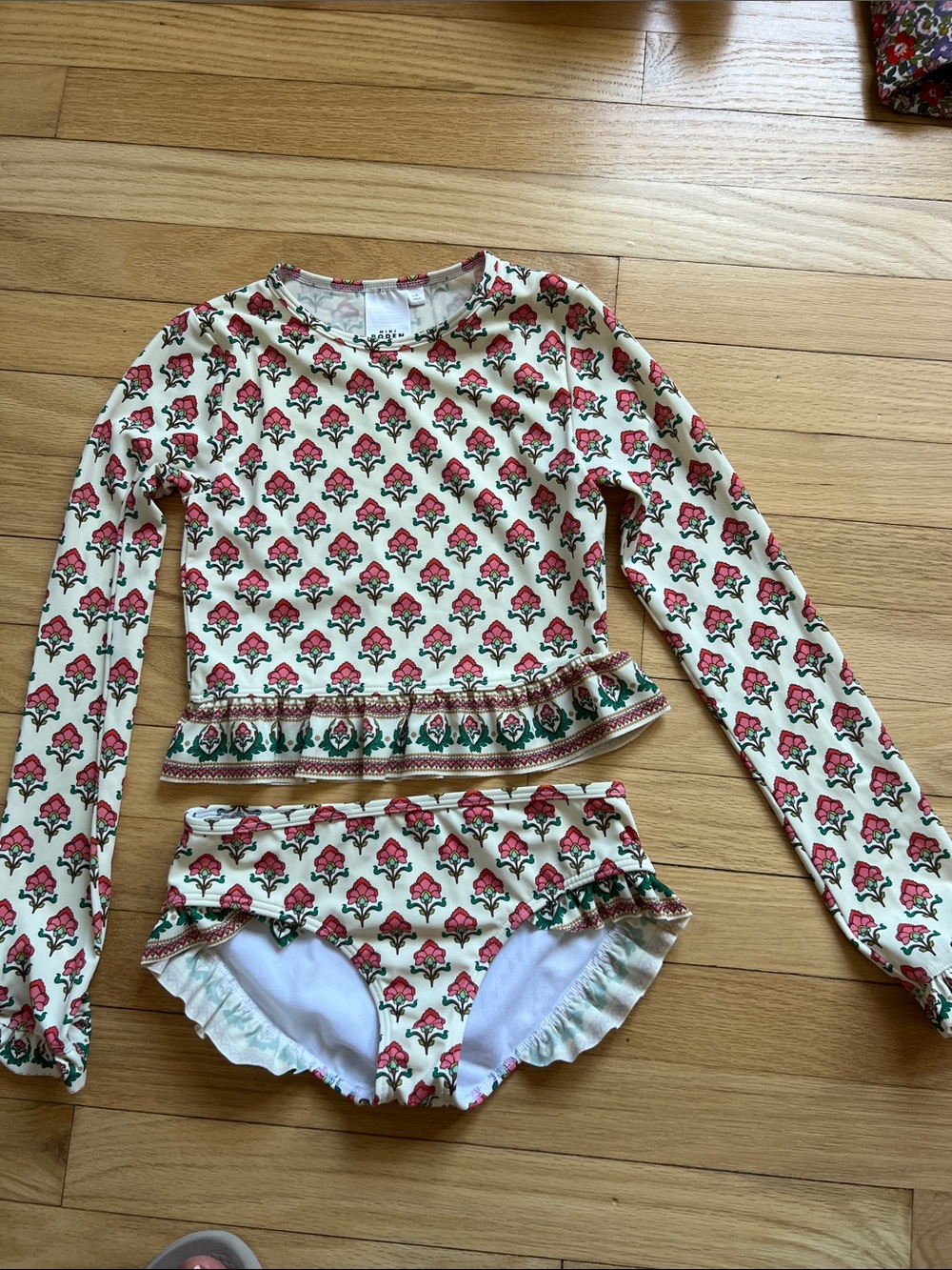 Mini Boden Rashguard Two-Piece Swim Set in Cream with Pink Floral Block Print